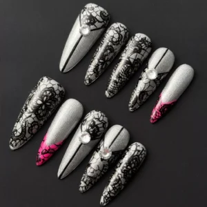 Silver Lace Press-On Nails with gothic mesh and rhinestone accents - angled view
