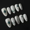 White Glitter Press-On Nails with Silver Mesh and Teal Accents