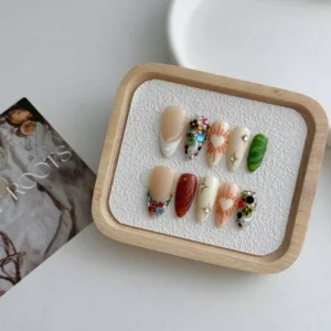 Festival glam press-on nails with multicolor stones and carving design