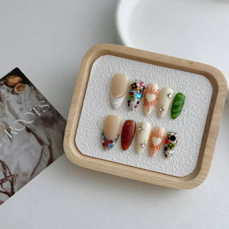 Festival glam press-on nails with multicolor stones and carving design