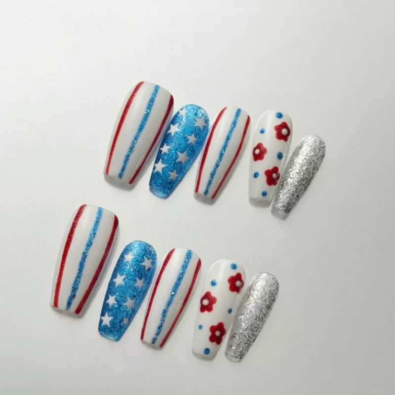 4th of July Nail Art – Red White Blue and Silver Glitter Finish