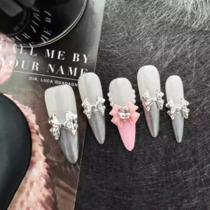 Bridal press-on nails with pink pearl chrome gradient and bows