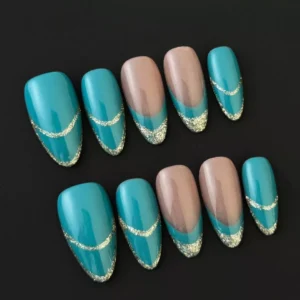 Elegant French style glitter nails with teal and nude tone contrast – top view