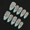 Frosted Blue Press-On Nails with 3D pearl accents and matte finish, full set view