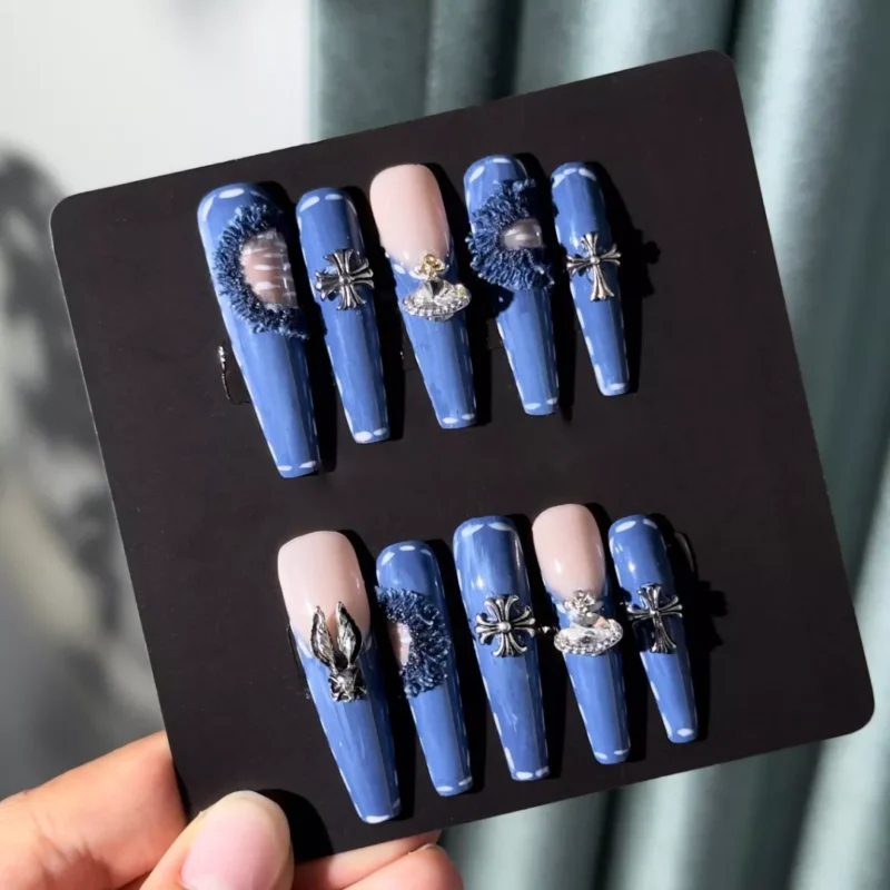 Full set of Denim Blue Press-On Nails with 3D charms and glossy shine