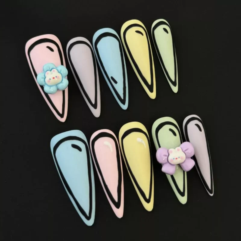 2D Cartoon Pastel Nails with floral accents