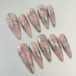 Futuristic Nail Art Designs featuring Chrome Pink and Silver Swirls