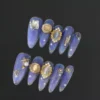 Galaxy Blue Glitter Press-On Nails with 3D star and pearl charms – top view
