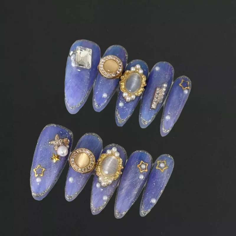 Galaxy Blue Glitter Press-On Nails with 3D star and pearl charms – top view