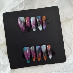 Galaxy Gradient Press-On Nails – Purple and Silver Glitter Design