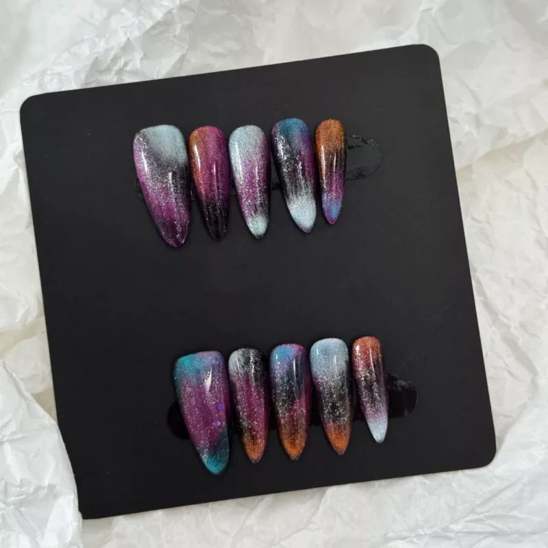 Galaxy Gradient Press-On Nails – Purple and Silver Glitter Design