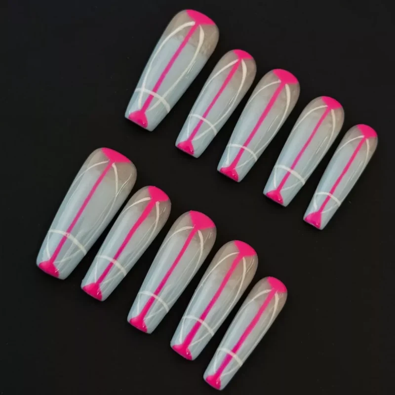 Geometric Line Art Press-On Nails with grey ombre base and pink tips – full hand view