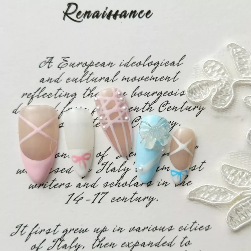 Cute Bow and Ribbon Press-On Nails – Ballerina Style