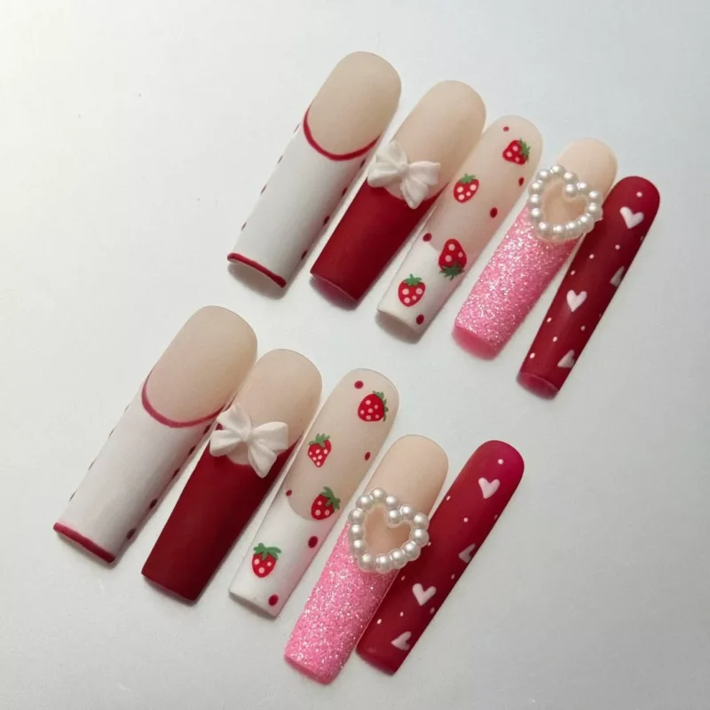 Cute Red Pink Press-On Nails with Strawberry Design