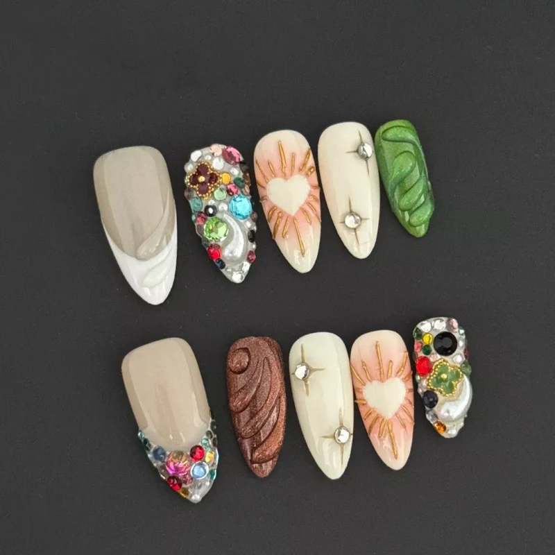 Glam crystal press-on nails with multicolor gems and 3D carving accents