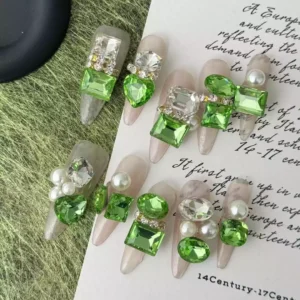 luxury press-on nails with rhinestone cluster and pearl decoration
