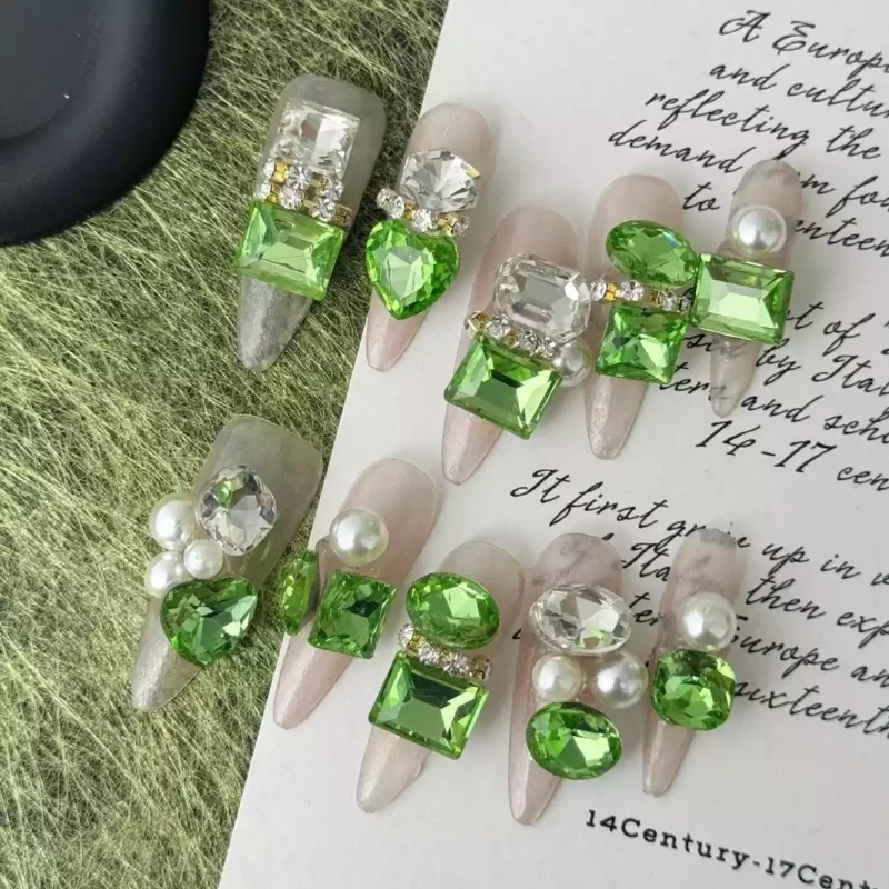 luxury press-on nails with rhinestone cluster and pearl decoration