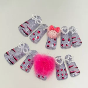 Silver Glitter Duckbill Nails with Pink Leopard and Star Accents