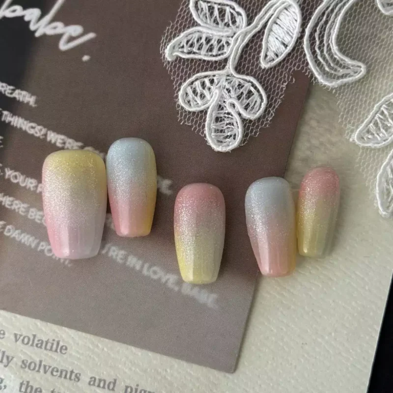 Sugar-textured cute press-on nails in multicolor shimmer