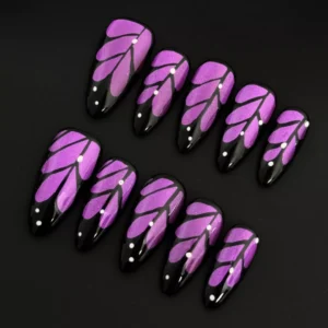 Glitter Purple Press-On Nails with butterfly wing design and shimmer accents - full hand view