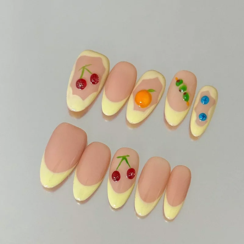 Glossy Fruit Press-On Nails close-up featuring colorful 3D fruits