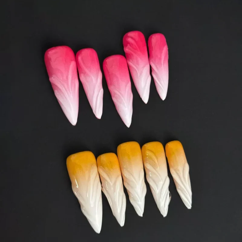 Leaf Swirl Gradient Pink Nails – Glossy Long Almond Design