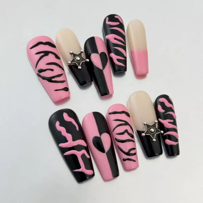 Glossy Y2K Pink and Black Zebra Print Press-On Nails with heart and star designs