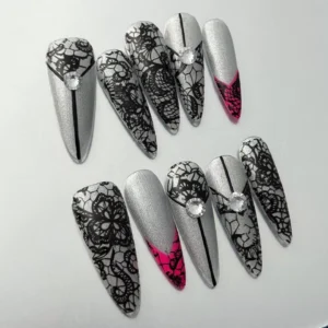 Gothic Silver Lace Press-On Nails with rhinestone embellishments - side perspective