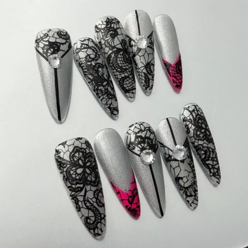 Gothic Silver Lace Press-On Nails with rhinestone embellishments - side perspective