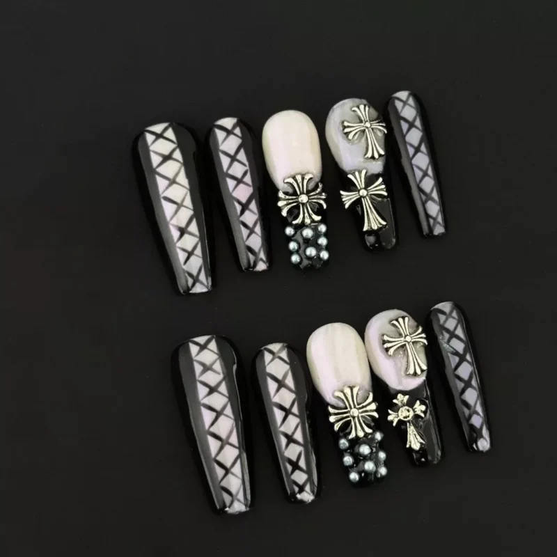 Gothic Press-On Nails with black pearl cross details