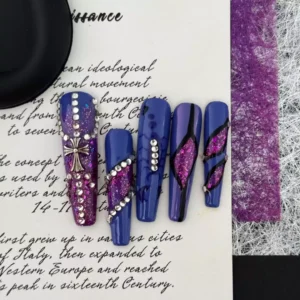 Gothic purple nails with violet glitter and metallic cross design on square tips