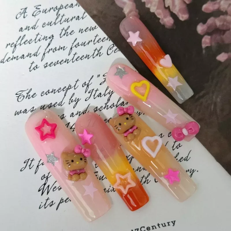 3D Kitty and Heart Press-On Nails with Pink to Yellow Gradient Base