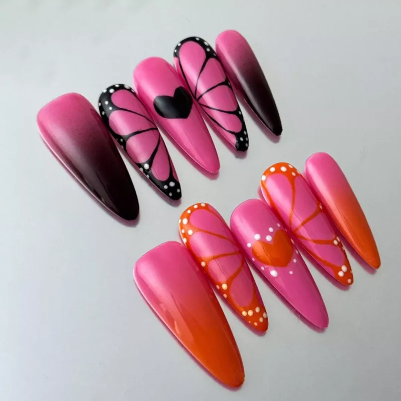 Pink Gradient Press-On Nails with Cute Butterfly Motifs