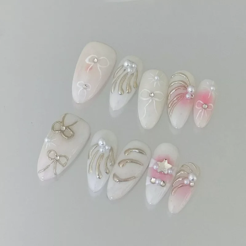 Gradient Press-On Nails 3D bow accents glossy finish