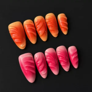 Gradient Press-On Nails featuring 3D wave texture in pink and orange - full hand view