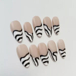 Graphic Wave French Nails in black and white on nude background