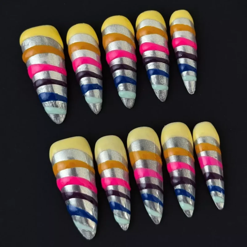 Long stiletto nails in multicolor stripes with silver lines – detailed texture
