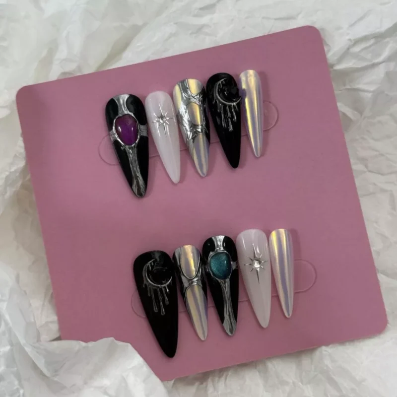Meteor Chrome Press-On Nails featuring holographic textures and celestial metallic details