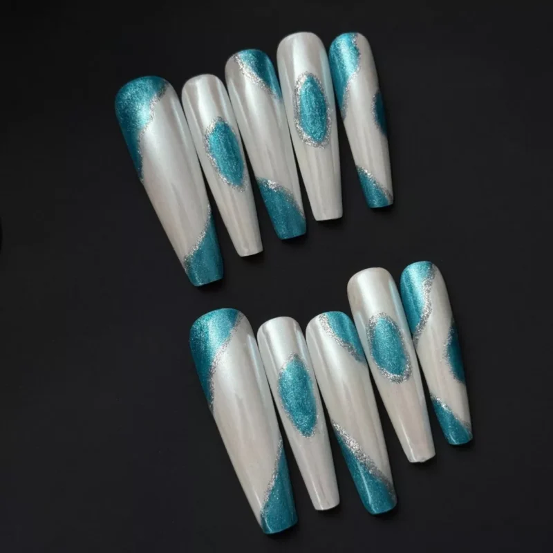 Icy Teal Press-On Nails with pearl white base and chrome teal wave design