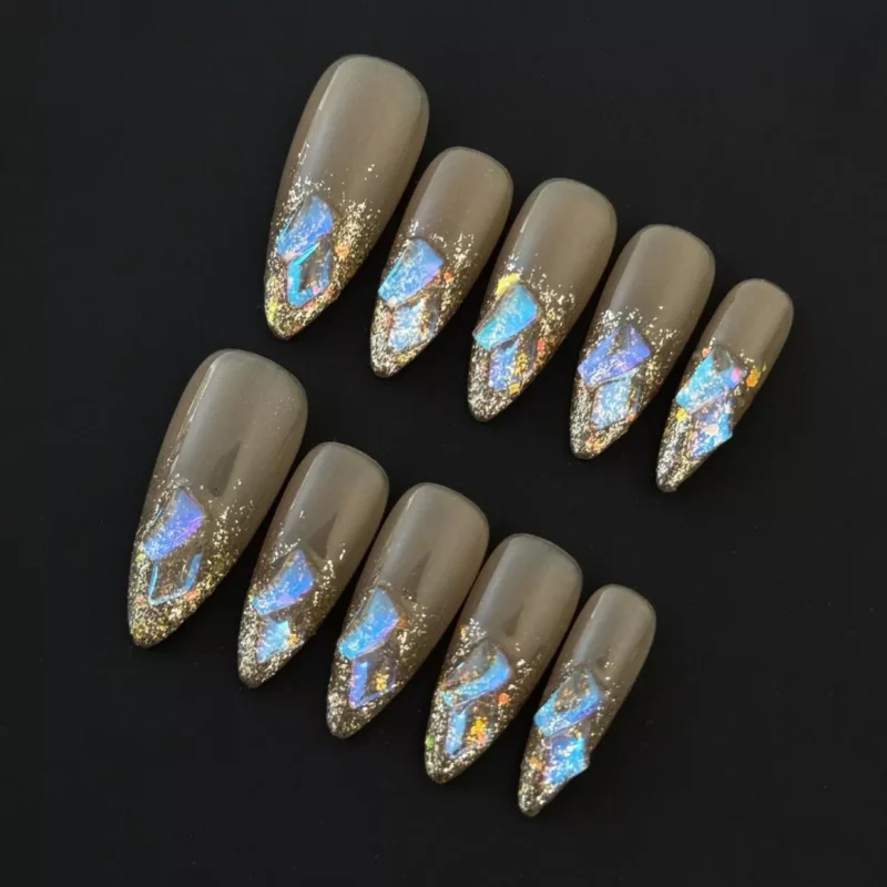 Iridescent French Press-On Nails with nude base and shattered glitter tips - full hand view