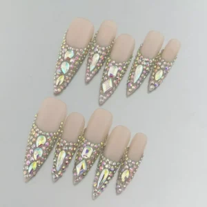 Full Rhinestone Nude Press-On Nails in Long Stiletto Shape