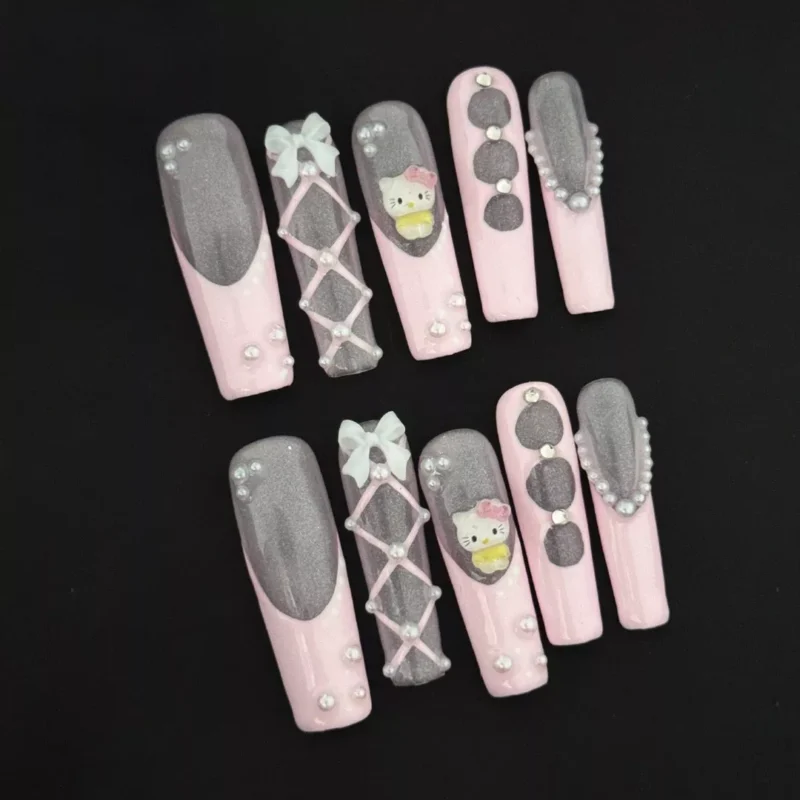 Long square Kitty Ballet Press-On Nails with 3D bow and pearl accents