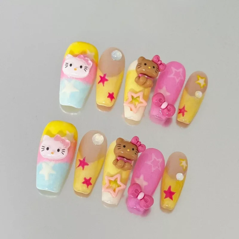 Kitty Cartoon Press-On Nails with multicolor and 3D details - close-up
