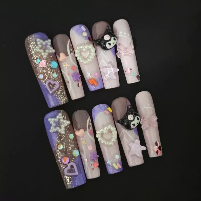 Kuromi dream press-on nails with pink purple color mix and 3D cartoon accents