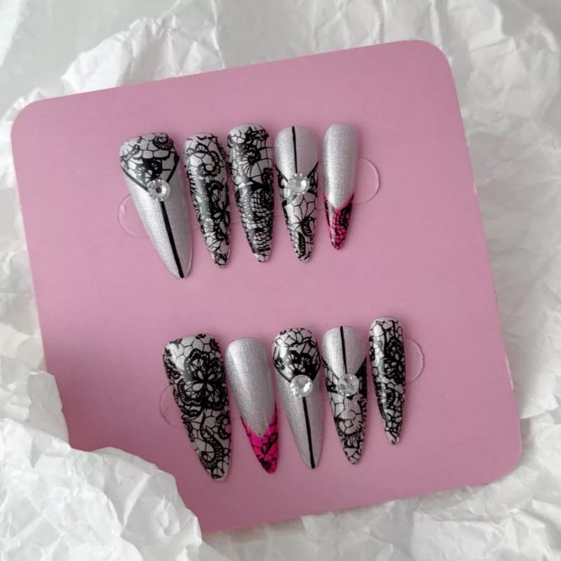 Silver Gothic Press-On Nails featuring lace and crystal elements - flat lay