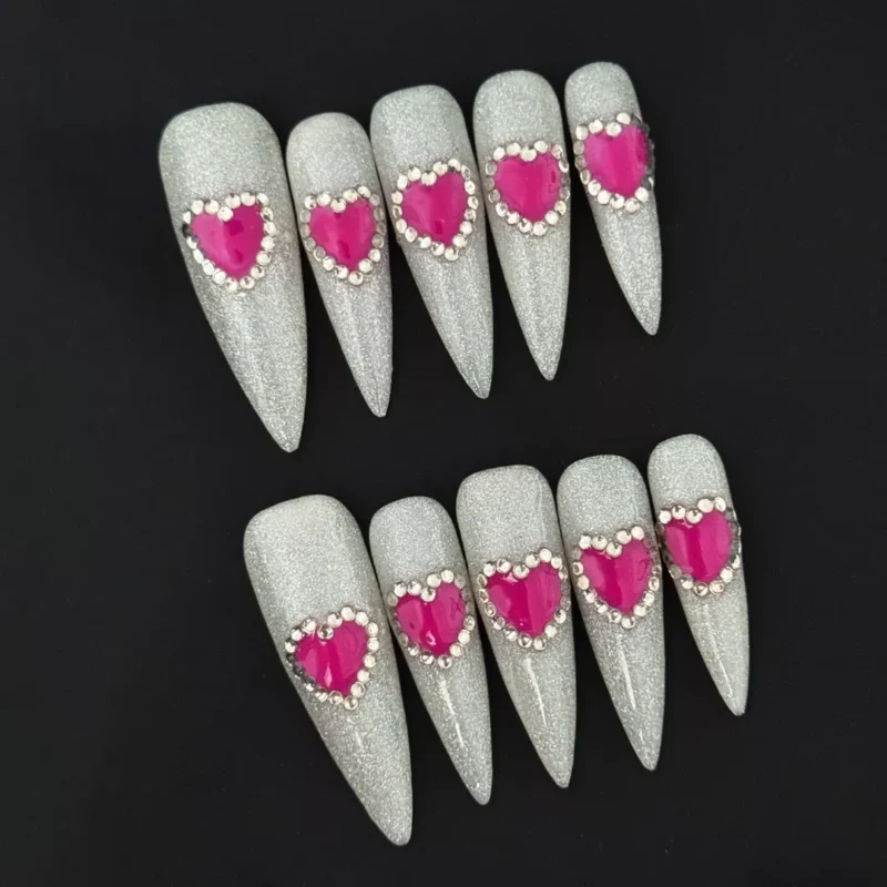 Silver Glitter Stiletto Press-On Nails with Pink Heart Gems – Laser Heart Press-On Nails