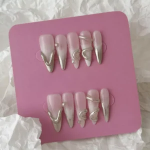 Abstract Silver Chrome Press-On Nails – sculpted metallic designs on transparent base