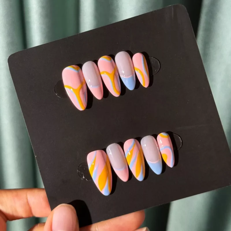 Colorful Abstract Long Almond Press-On Nails - display card view