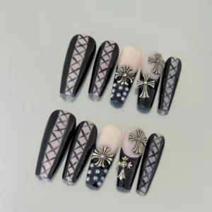 Long coffin Gothic Press-On Nails with silver cross and pearls