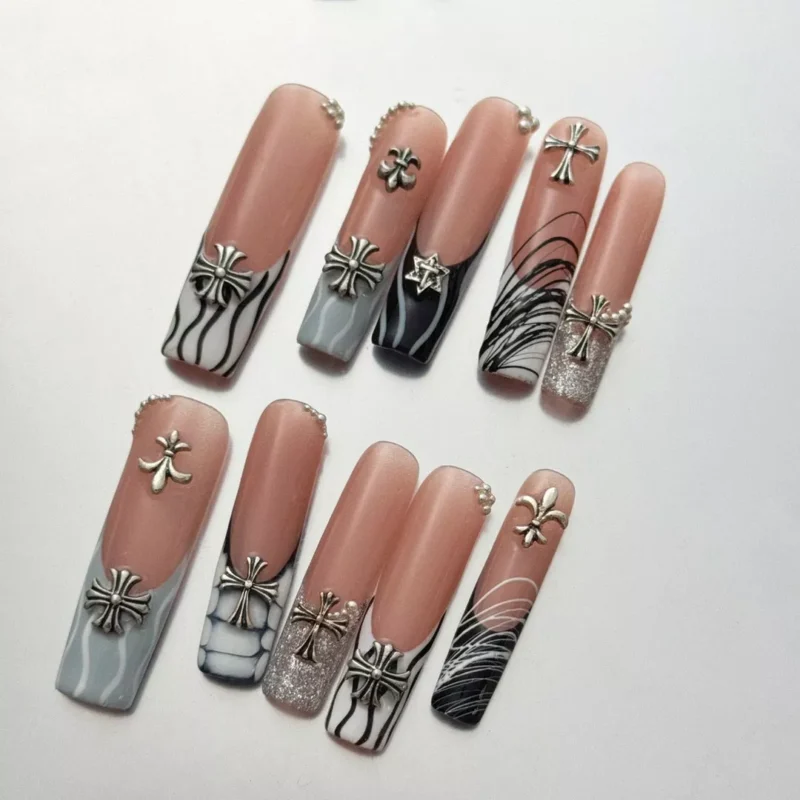 Gothic Style Long Coffin Nails with Nude Base and Metallic Crosses